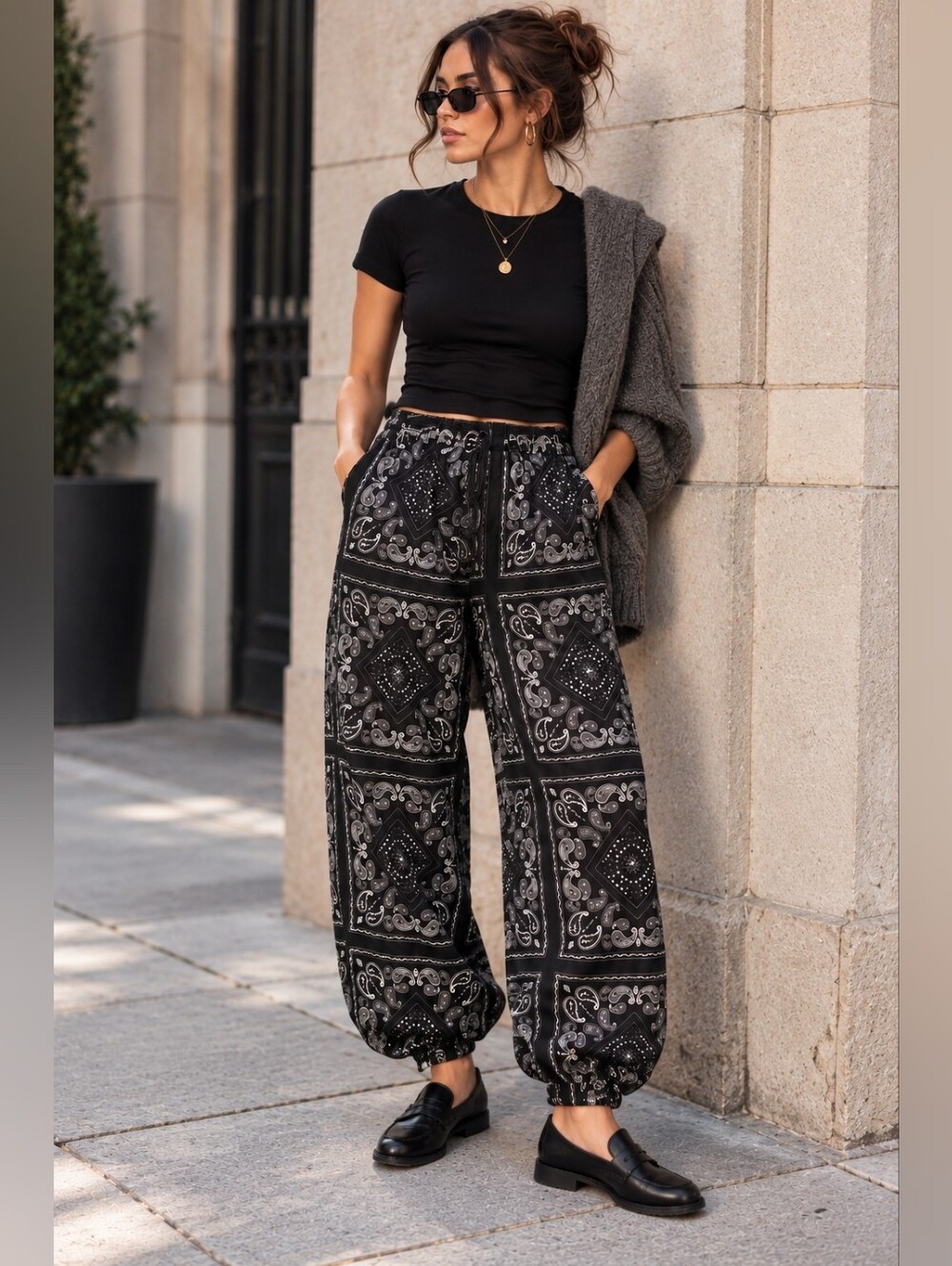 Bandana Print Balloon Pants Black Paisley Joggers S Whimsigoth Boho Indie Sleaze